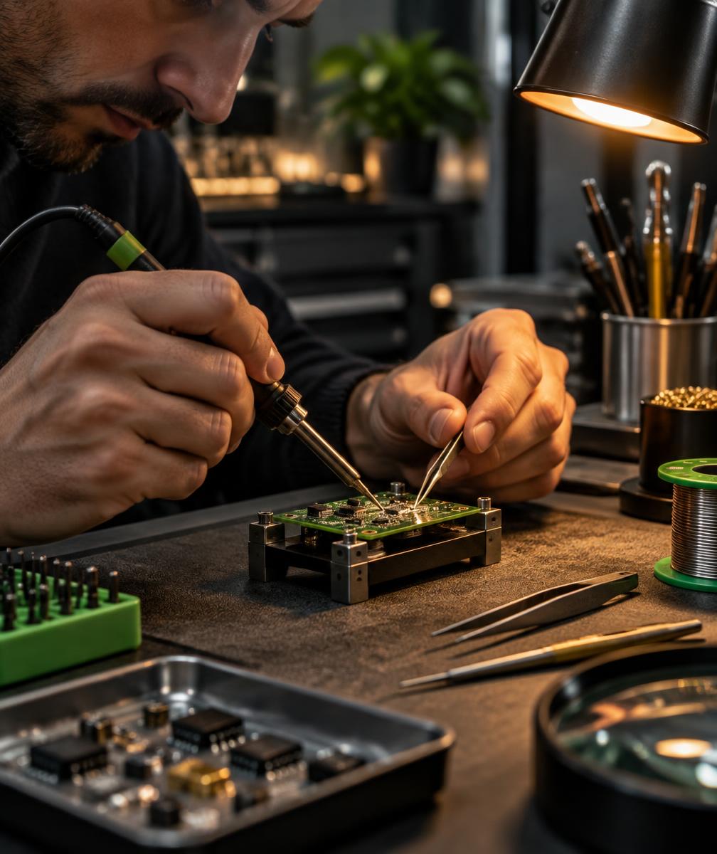 Maker soldering a circuit board at the workbench